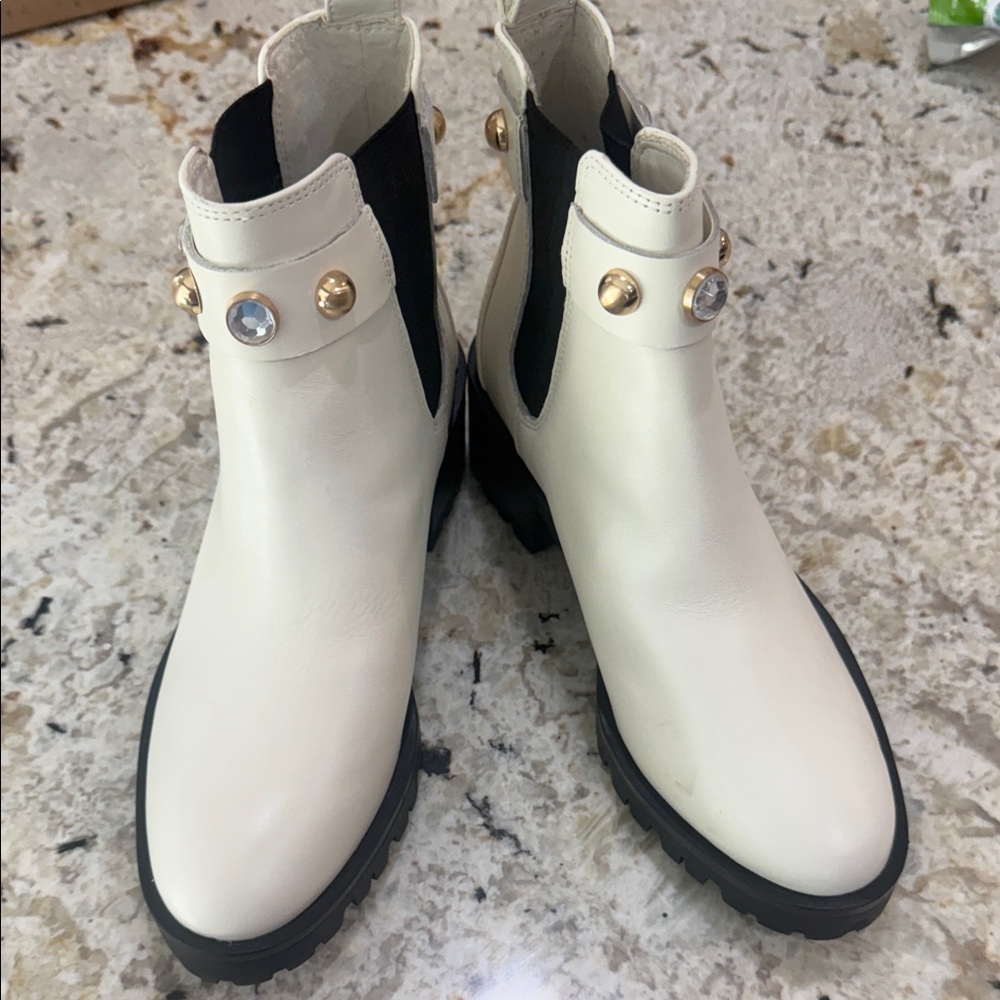 White Ankle Boots with Gold Accents